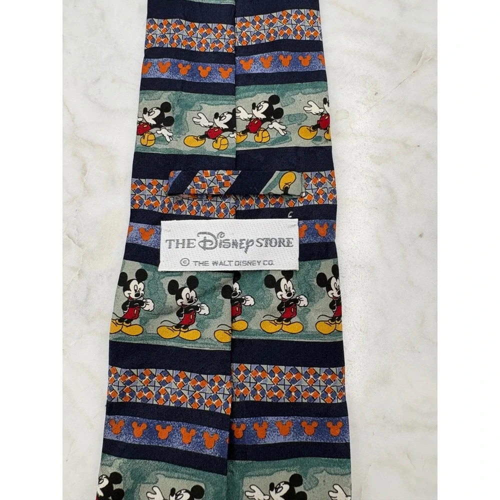 VTG Mickey Mouse Silk Tie Italy Navy Blue‎ Green 61x3.75